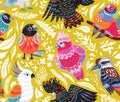 Seamless pattern with exotic australian birds and tropical leaves on gold background