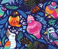 Seamless pattern with exotic australian birds and tropical leaves on navy blue background Royalty Free Stock Photo