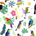 Seamless pattern exotic birds. Tropical flora and fauna, bright big parrots, flowers and branches, caribbean animals