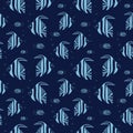 Seamless pattern of exotic coral reef fish. Underwater swimming animals in blue sea water. Tropical striped fish. vector cartoon Royalty Free Stock Photo