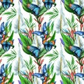 Seamless pattern with tropical flowers, leaf, butterfly, white Anthurium in digital, realistic style. Jungle