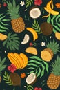 Seamless pattern with exotic fruits, flowers, leaves. Vector graphics Royalty Free Stock Photo