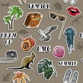 Seamless pattern with Exotic fruits and traveling concept. Travel colorful items stickers