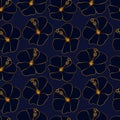 Seamless pattern with exotic golden hibiscus flowers on navy blue background