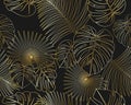 Seamless pattern of exotic jungle tropical golden palm leaves on black background