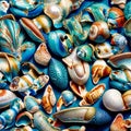 Seamless pattern of exotic oceanic and sea nature elements, colorful shells, mollusks, shells, blue sand Royalty Free Stock Photo