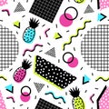 Seamless pattern with exotic pineapple fruits, geometric shapes and wavy lines of acid colors on white background