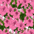 Seamless pattern with exotic pink azalea flowers