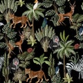 Seamless pattern with exotic trees and animals. Interior vintage wallpaper.