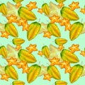 Seamless pattern with exotic tropical carambola fruits. Sweets and yummies.