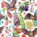 Seamless pattern with exotic tropical fruits , flowers and cute flying foxes, fruit bats.