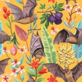 Seamless pattern with exotic tropical fruits , flowers and cute flying foxes, fruit bats.