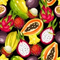 Seamless pattern with exotic tropical fruits. Illustration of asian plants