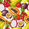 Seamless pattern with exotic tropical fruits. Illustration of asian plants