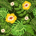 Seamless pattern with exotic tropical leaves and flowers