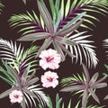 Seamless pattern with exotic tropical palms and hibiscus flowers. Pink tropical plants on the dark background. Vector seamless pat Royalty Free Stock Photo