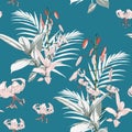 Seamless pattern with exotic tropical palms and lilies flowers on the blue background. Royalty Free Stock Photo