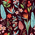 Seamless pattern with exotic tropical plants and flowers. Tropical paradise colorful print for design and textile