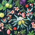 Seamless pattern with exotic tropical plants, fruits and flowers. Tropical paradise colorful print.