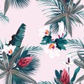 Seamless pattern with exotic tropical plants, palms and flowers. Vintage colors tropical plants on the pink background. Royalty Free Stock Photo
