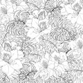 Seamless pattern of exotic white monstera leaves and azalea flowers with black outline