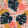 Seamless pattern with exotics tropical leaves on pink coral backdrop Royalty Free Stock Photo