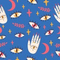 Seamless pattern with eyes, palm, herb, stars and moon.