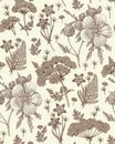 Seamless pattern realistic isolated flowers Vintage background Fern Hibiscus Wallpaper Drawing engraving Vector illustration Royalty Free Stock Photo