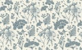 Seamless pattern realistic isolated flowers Vintage background Fern Hibiscus Wallpaper Drawing engraving Vector illustration Royalty Free Stock Photo