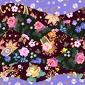 Seamless pattern for fabric in patchwork style from undulating patches, decorated with flowers and paisley.
