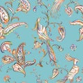 Seamless pattern with fabulous birds and paisley. Oriental ornament with birds, hand drawing.