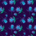 Seamless pattern of fabulous flowers green and purple on a green background.The drawing for printing on fabric, wallpaper, wrappin