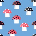 Seamless pattern of the fabulous fungi. Cartoon amanita.