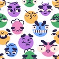 Seamless pattern with face avatars, emojis with different expressions, emotions. Background with funny good and bad