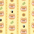 Seamless pattern of face bear with bee and sunflower cartoon Royalty Free Stock Photo