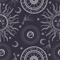 Seamless pattern. The face of the sun and moon. Retro illustration. Royalty Free Stock Photo