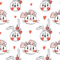 Seamless pattern with faces of cats and rabbits in hairpins bows. Fashion kawaii bunny and kitty. Vector illustration Royalty Free Stock Photo