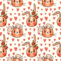 Seamless pattern with faces of cats and rabbits in hairpins bows. Fashion kawaii bunny and kitty. Vector illustration Royalty Free Stock Photo
