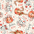 Seamless pattern with faces of cats and rabbits in hairpins bows. Fashion kawaii bunny and kitty. Vector illustration Royalty Free Stock Photo