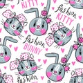 Seamless pattern with faces of cats and rabbits in hairpins bows. Fashion kawaii bunny and kitty. Vector illustration Royalty Free Stock Photo