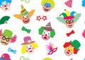Seamless pattern. Faces of clowns and accessories