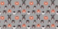 Seamless pattern of faces of forest animals. Muzzles of deer, hares, beavers, owls, bears, foxes, squirrels, hedgehogs. Vector.