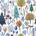 Seamless pattern with fairy forest watercolor elements. Cute seamless print with hand-drawn trees, mushrooms and plants Royalty Free Stock Photo