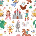 Seamless pattern with fairy tale characters and objects. Repeat background with fantasy princess, king, queen, witch, knight, Royalty Free Stock Photo