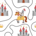 Seamless pattern with fairy tale knight, road, castle, crown. Repeat background with fantasy armored warrior and kingdom plan.