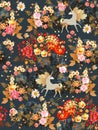 Seamless pattern with fairy unicorns and fabulous birds in the blooming garden at night. Print for fabric, wallpaper