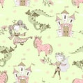 Seamless pattern fairyland with princesses and princes with dragons and castles. Vector