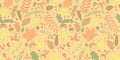 Seamless pattern falling leaves, acorns, berries, mushrooms. Vector color autumn texture, isolated, hand drawn Royalty Free Stock Photo