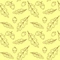 Seamless pattern with falling oak leaves, acorns. Vector autumn texture isolated, hand drawn in doodle outline style. Concept of Royalty Free Stock Photo