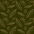 Seamless pattern with falling oak leaves, acorns. Vector autumn texture isolated, hand drawn in doodle outline style. Concept of Royalty Free Stock Photo